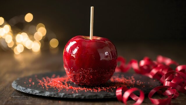 Red candy apple for Halloween party. Sweet glazed fruit dessert on a dark festive background.