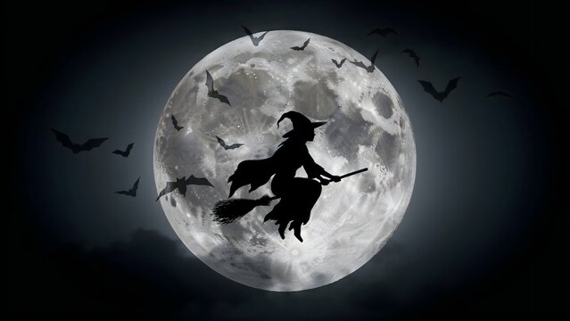 Witch flying on broomstick against full moon. Silhouette of a sorceress during Halloween night.