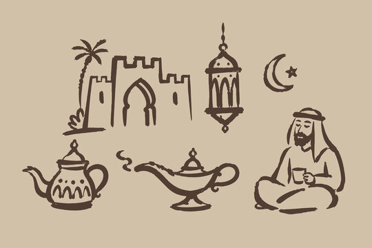 Arabian Culture Hand Drawn Vector Set Illustration