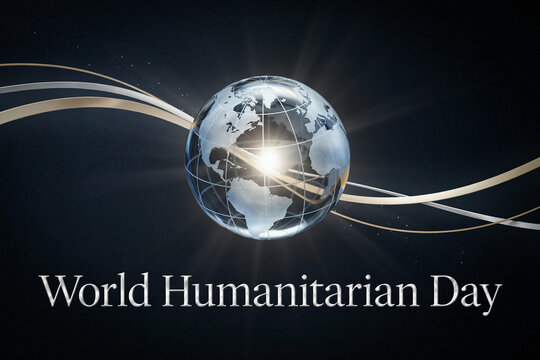 Luxury 3d render banner for world humanitarian day showing clear glass globe sphere reflecting soft sun ray light beam next to golden metallic ribbon waves isolated over dark gradient backdrop.