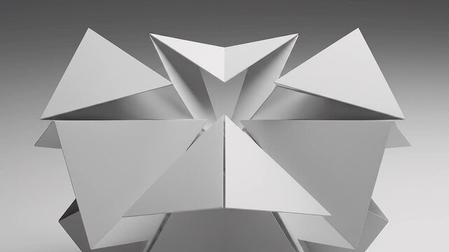 Geometric abstract origami paper sculpture with sharp angles and clean lines, forming a starburst pattern on a neutral background