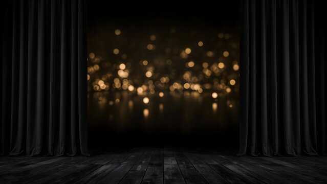 Halloween party stage with black curtains. Empty theater background with golden bokeh lights.