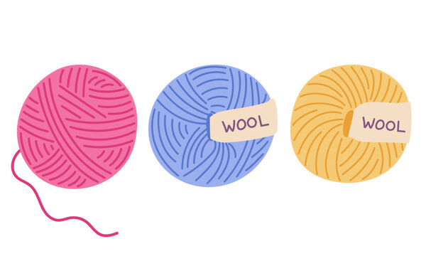 Wool yarn balls vector illustration set. Pink, blue and yellow balls of yarn with labels for knitting and crocheting isolated on white background. Colorful hobby supplies