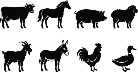 Fototapeta premium Set of black silhouettes of various farm animals including cow horse pig sheep goat donkey rooster and duck