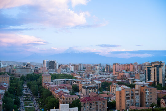Panoramic Twilight View of Yerevan Skyline and Mount Ararat from Cascade