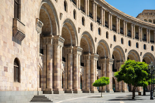 Pink Tufa Stone Colonnade and Arches at Republic Square in Yerevan Armenia
