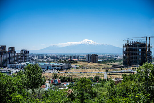 Panoramiic View of Yerevan Cityscape with Mount Ararat under Blue Sky