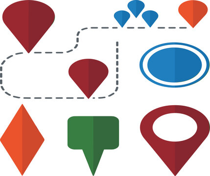 Multi Colored Map Pin and Navigation Pointer Vector Icon Set with Dashed Route Line Elements for Travel Logistics, GPS Tracking Apps, and Location Marker Graphic Designs