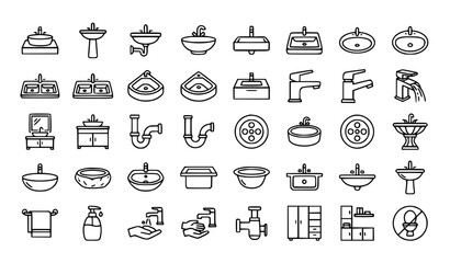 Fototapeta premium Contemporary Bathroom Sink and Plumbing Fixture Icon Set with Washbasins Vanities and Interior Symbols