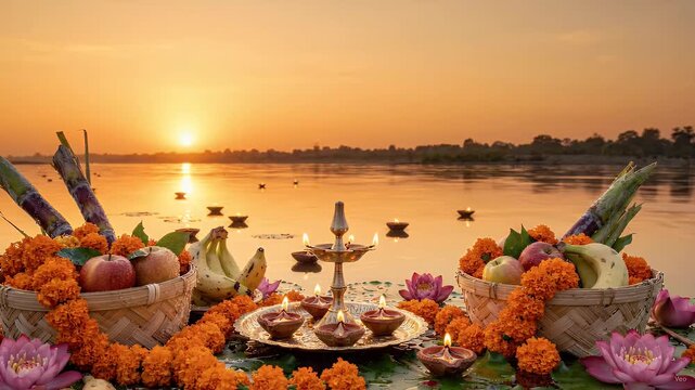 Chhath Puja Celebration with Offerings of Fruits, Marigold Garlands, and Lit Oil Lamps Floating on the River at Sunrise