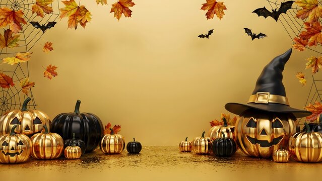 Halloween pumpkins with witch hat. Festive autumn background with copy space for text.