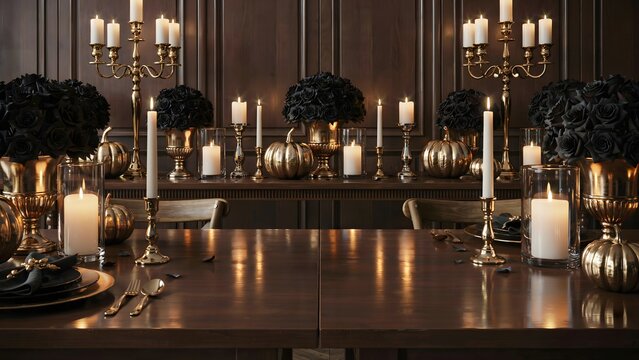 Elegant Halloween dinner table setting. Luxury gothic party decor with candles and pumpkins.