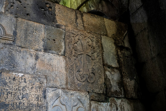 Carved Stone Cross Khachkar Relief on Wall at Sanahin Monastery Armenia
