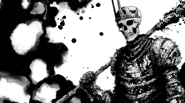 Skeleton king with a crown and weapon in black and white illustration