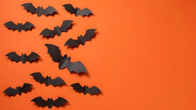 Black paper bats on orange background. Halloween party decorations with copy space.