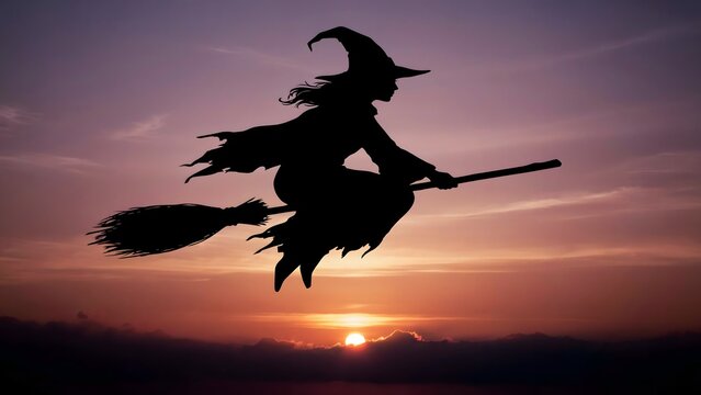 Witch flying on a broomstick at sunset. Halloween silhouette of a sorceress in the sky.