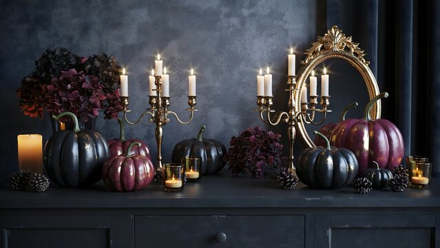 Halloween home decor with pumpkins and candles. Gothic interior styling for seasonal party.