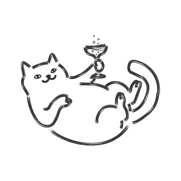 Minimalist Cat Line Art Illustration Holding a Sparkling Cocktail Glass, Cute Hand Drawn Doodle Vector Icon for Stickers, Apparel, Branding, Social Media, and Modern Design