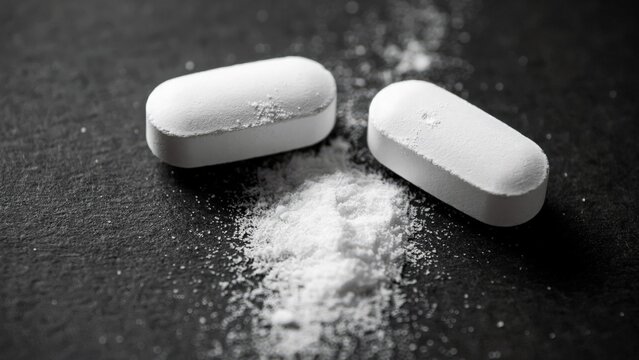 Two white pharmaceutical pills and powder on a dark textured background
