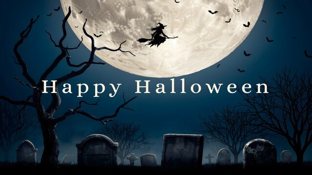 Happy Halloween greeting card design. Witch flying on broomstick against a full moon background.