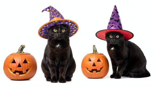 Two black cats wearing witch hats for Halloween. Festive pets with carved pumpkins on white.