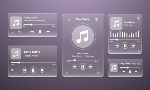 Glassmorphism liquid glass music play media bottons pattern on grey for UI design background vector