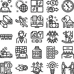 Fototapeta premium Diverse set of thin line icons representing global business, finance, healthcare, real estate and digital communication for corporate, management and technology themes