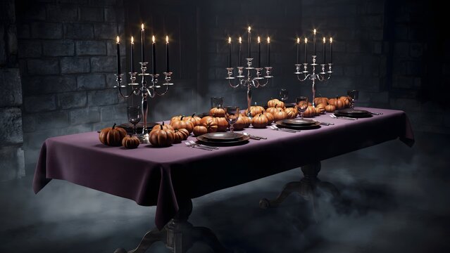 Halloween dinner table with pumpkins. Spooky gothic banquet setting with candles and fog.