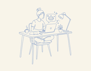 Fototapeta premium Woman Working with AI Assistant on Laptop, Minimal Continuous Line Art Illustration