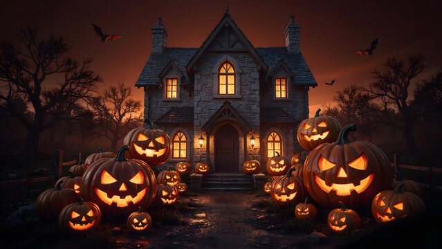 Halloween haunted house with glowing pumpkins. Spooky mansion at night with jack-o-lanterns.