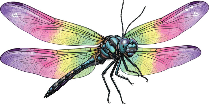 Colorful watercolor dragonfly vector graphic illustration with bright rainbow wings isolated on white background