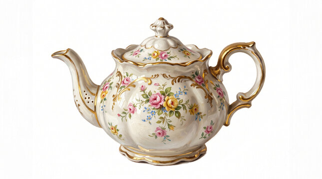 Vintage floral porcelain teapot with gold trim and painted roses isolated on white background