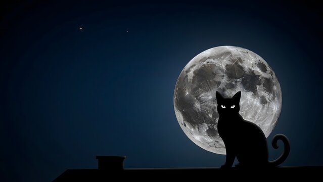 Black cat silhouette under full moon. Spooky feline sitting on roof at night for Halloween.