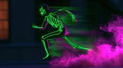 Fototapeta premium Action shot of person wearing stylized neon skeleton suit, mid-stride through dark urban environment. Electric green lighting creates