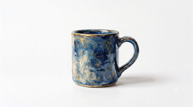 Rustic handmade ceramic coffee mug with mottled blue glazed texture isolated on white background