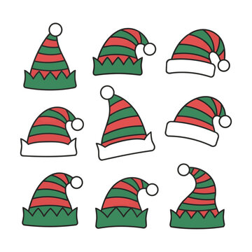 A collection of festive striped elf hats with pompoms, isolated on white, Christmas theme