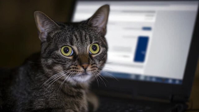 Tabby cat looking at a laptop screen with wide eyes in a dark room, funny pet behavior concept for social media or technology related projects