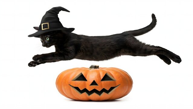 Black cat wearing witch hat jumping over pumpkin. Halloween kitten leaping over jack-o-lantern.