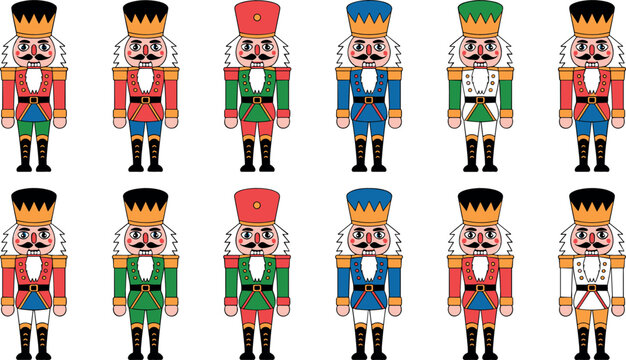 Traditional Christmas Nutcracker Soldier Toy Character Vector Icon Set for Festive Holiday Greeting Cards, Winter Celebrations, and Seasonal Marketing Designs