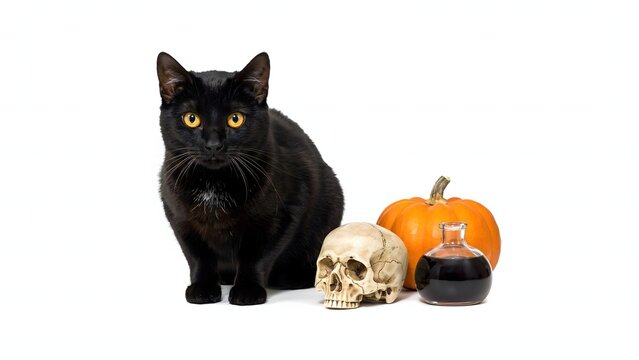 Black cat with Halloween decor. Festive feline sitting near a pumpkin and human skull.