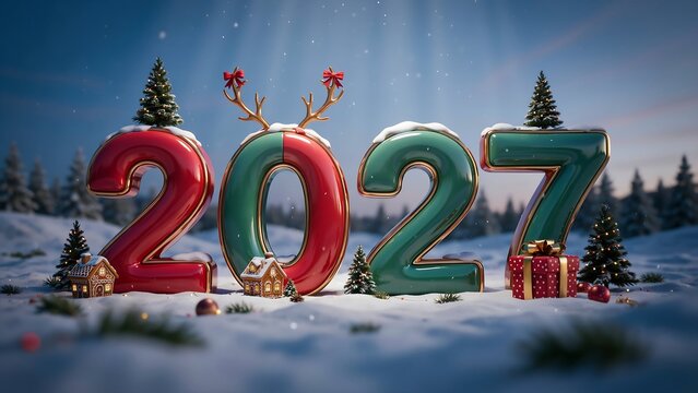 Colorful 2027 holiday number design with winter forest background