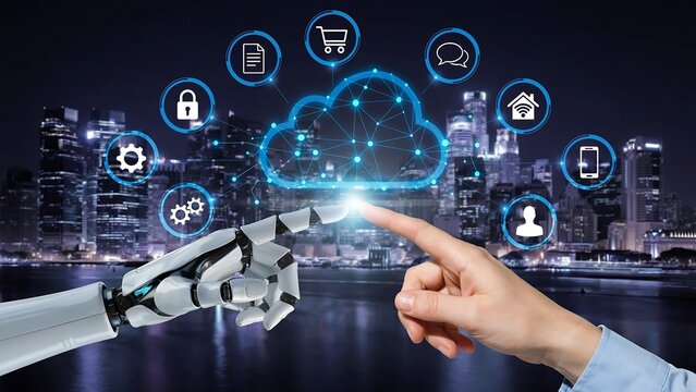 AI robot hand and human finger touching a glowing cloud network system with icons representing various digital services, set against a futuristic city skyline.