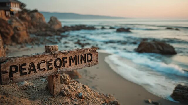Peace of Mind wooden sign on a scenic beach at sunset, featuring calm ocean waves and rocky coastline for meditation, wellness and relaxation concepts