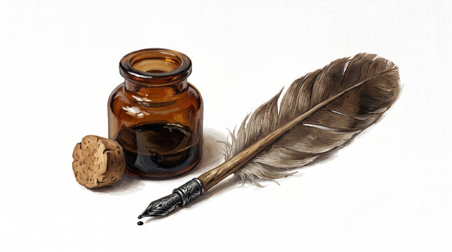 Vintage glass inkwell with dark ink and natural feather quill pen isolated on white background