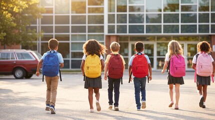 Elementary school students walking to school building, diverse group of children with colorful...