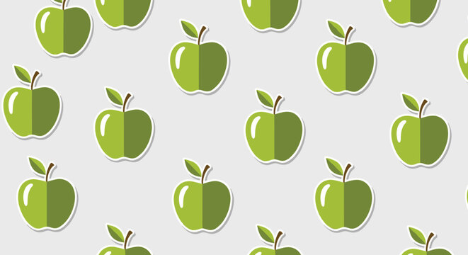 Modern pattern featuring green apples with a white border and drop shadow creating a 3D sticker effect against a solid neutral light grey background.