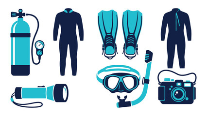 Scuba diving equipment set, including oxygen tank with pressure gauge, wetsuits, swim fins, underwater camera, flashlight, and diving mask with snorkel in a two-tone blue flat style © Siddhartha