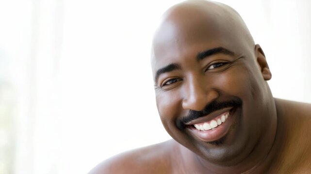 Portrait of a cheerful African American man with a bald head and mustache smiling brightly, isolated on a clean white background for commercial use