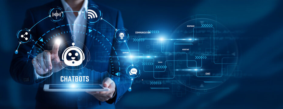 AI Developer using tablet analysing Chatbots data. Conversational AI, virtual assistants, customer support, intelligent automation, natural language processing, digital engagement.