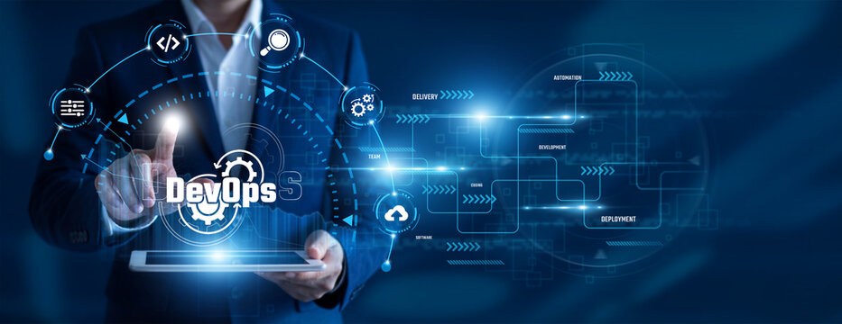 DevOps Engineer using tablet analysing DevOps data. Continuous integration, automated deployment, cloud infrastructure, software delivery, system monitoring, operational efficiency.